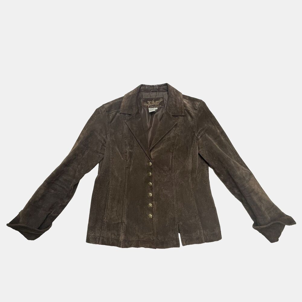 Live A Little Suede Leather Jacket Brown Snaps Collar Women's Size M
